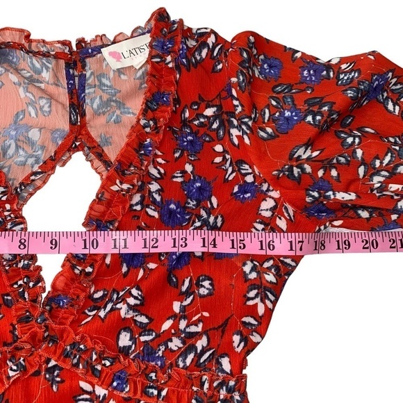 L'ATISTE by Amy‎ Anthropologie Red Floral Long Sleeve Open Back Short Dress Sz S - Picture 10 of 14